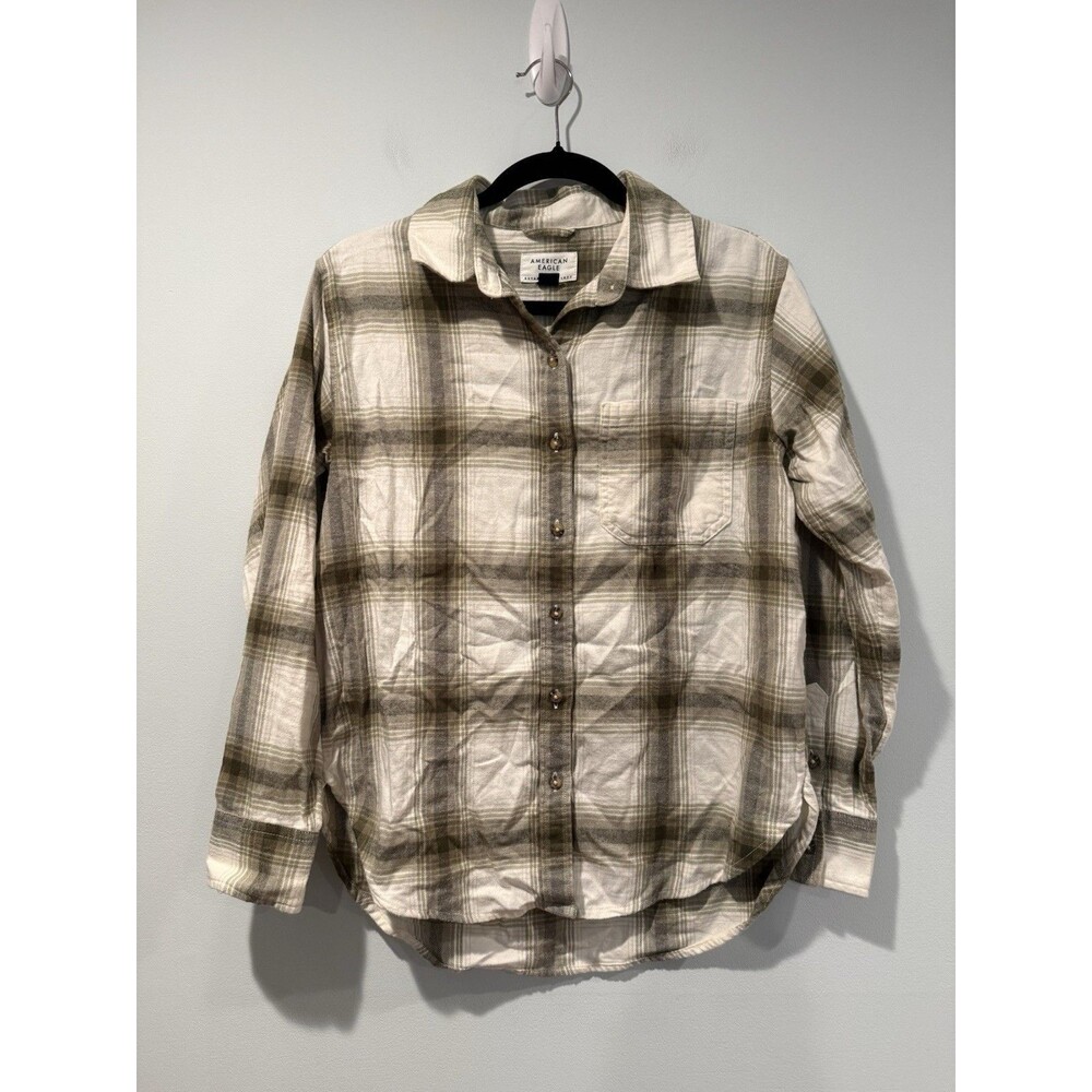 American Eagle Plaid Flannel Button Down Top Womens Large** 100% Cotton Pockets